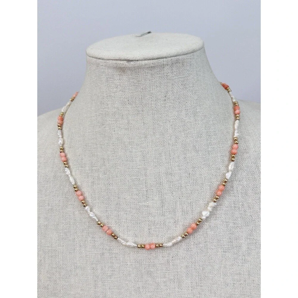 Vtg 14K Yellow Gold Angel Skin Coral Freshwater Pearl Necklace 19” Quiet Luxury